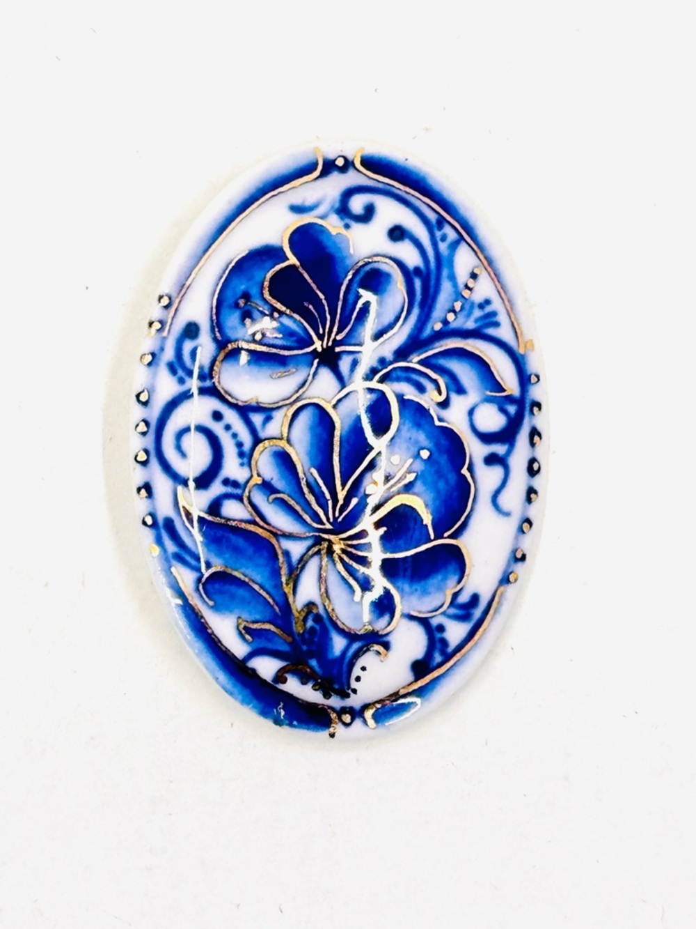Vintage Signed RUSSIA Porcelain Blue & Gold Enamel Floral Oval Brooch 2”X1.5”